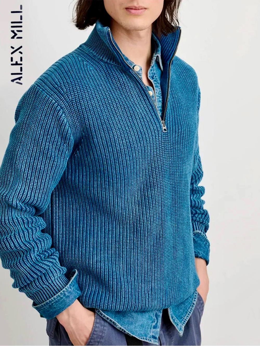 ALEX MILL Unisex Chunky Cotton Yarn Crosby Blue Ribbed Half-Zip Pullover Sweater - Picture 1 of 16
